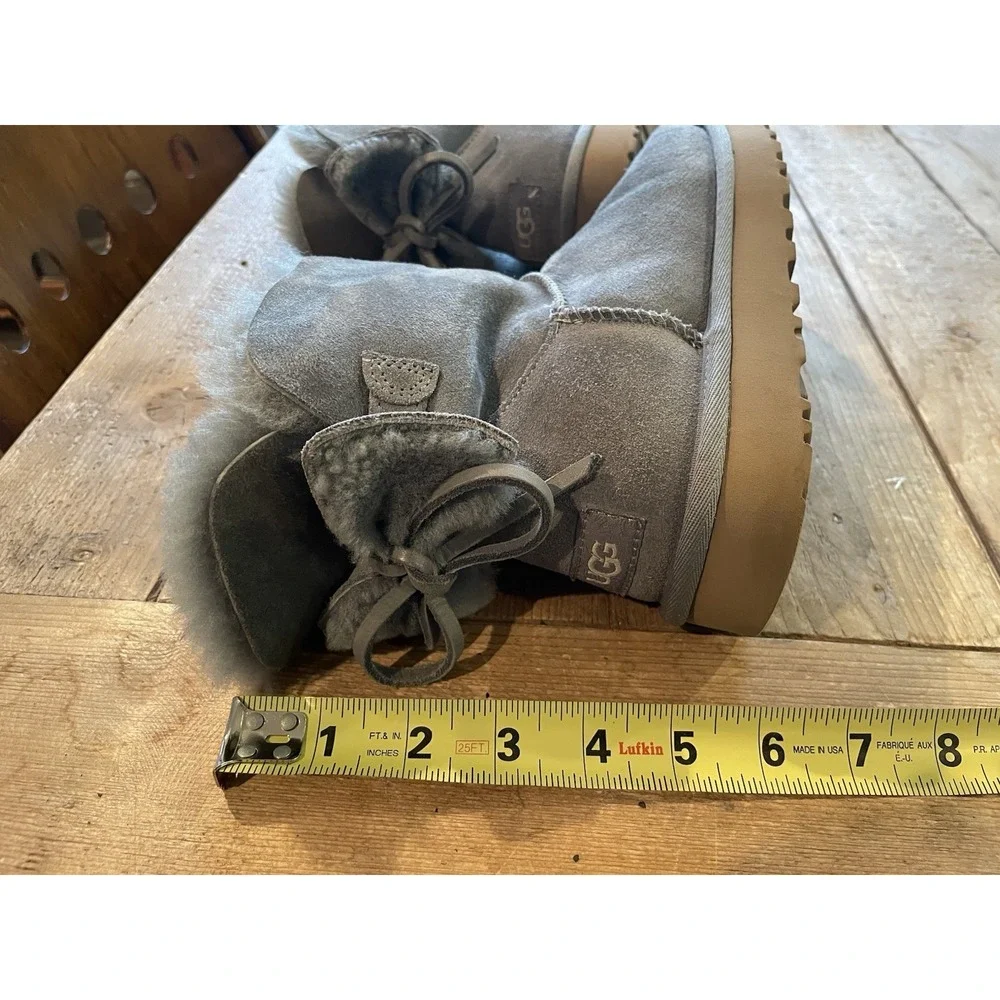 UGG Classic Double Bow Mini‎ Geyser Water Resistant Boot Gray Shearling Lined 7